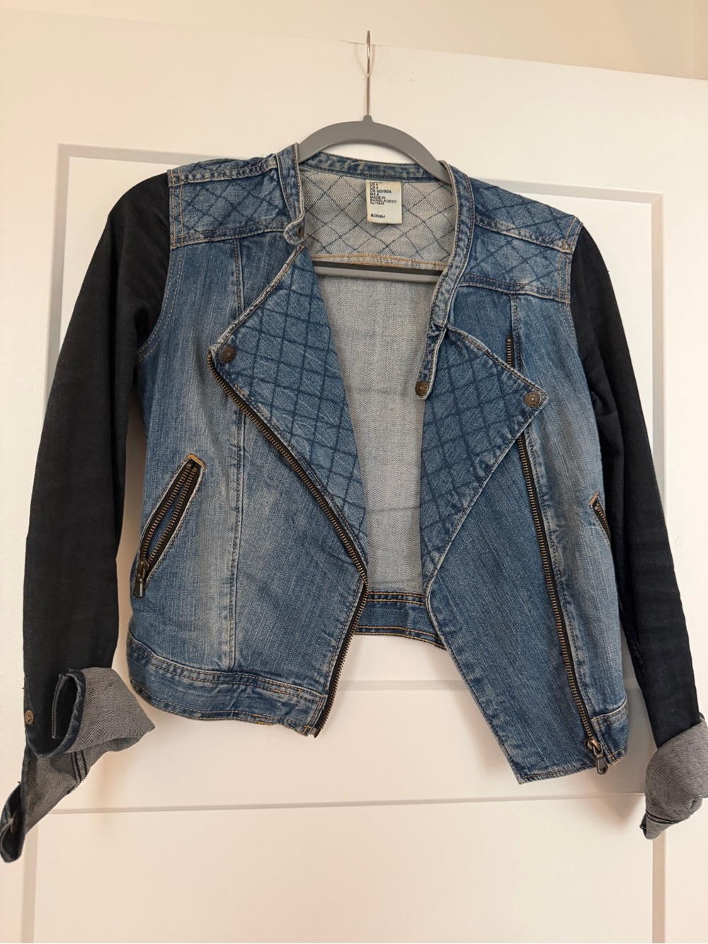 Quilted Front Denim Moto Jacket with Black Sleeves